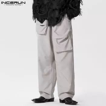 INCERUN мужские летние свободные широкие брюки с эластичной резинкой на талии и карманами XL чёрный