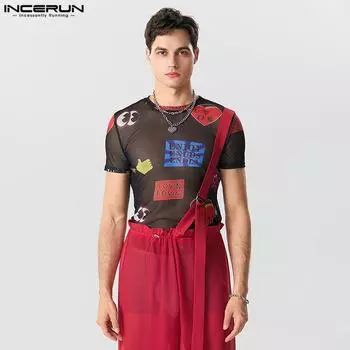 INCERUN Мужские летние тонкие прозрачные топы с короткими рукавами и принтом