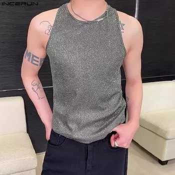 INCERUN Мужские летние топы без рукавов для клубных блестящих жилетов