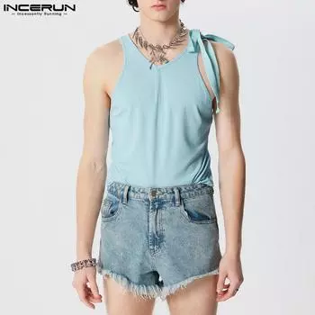 INCERUN мужские летние топы без рукавов на шнуровке, камзолы, жилеты