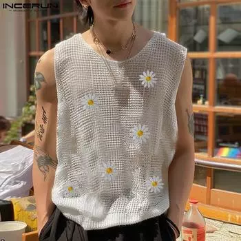 INCERUN Мужские летние топы без рукавов с открытой проймой, повседневный жилет с цветочной вышивкой S белый