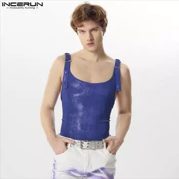 INCERUN мужские летние топы на бретельках без рукавов с круглым вырезом и блестящими вечерними майками