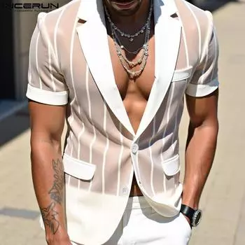 INCERUN Мужские летние топы с глубоким V-образным вырезом, пуговицами, строчкой, прозрачной сеткой, в полоску, рубашки S белый
