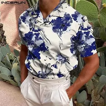 INCERUN Мужские летние топы с коротким рукавом и принтом, цветочные рубашки с отворотом S темно-синий