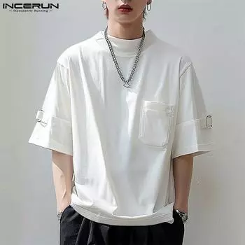 INCERUN Мужские летние топы с круглым вырезом и короткими рукавами в стиле пэчворк, футболки большого размера 4XL чёрный