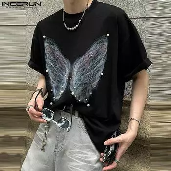 INCERUN Мужские летние топы с круглым вырезом и коротким рукавом, повседневные футболки с жемчужным декором XL чёрный