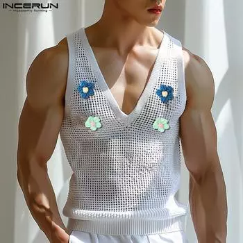 INCERUN мужские летние топы в сеточку с милым цветочным принтом и v-образным вырезом, прозрачный жилет