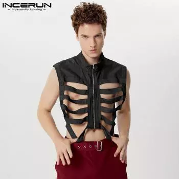 INCERUN Мужские летние укороченные топы с ажурной молнией для вечеринок и клуба 3XL