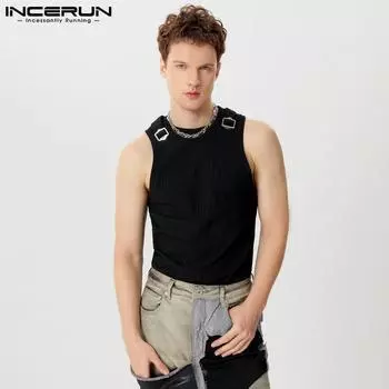 INCERUN Мужские лоскутные безрукавки трикотажные тонкие повседневные майки-топы 3XL чёрный