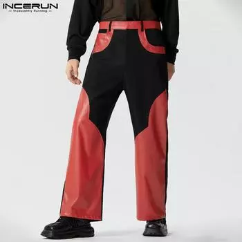INCERUN мужские лоскутные длинные брюки из искусственной кожи на молнии