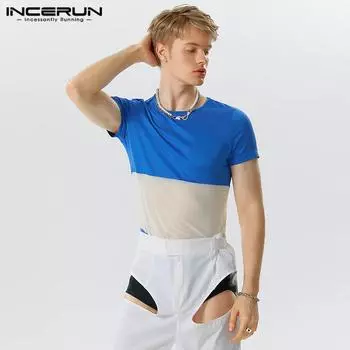 INCERUN мужские лоскутные комбинезоны с короткими рукавами и круглым вырезом, цветные боди
