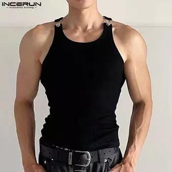 INCERUN Мужские лоскутные металлические пуговицы на ремне вязаные однотонные жилеты-майки 2XL чёрный