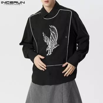 INCERUN Мужские лоскутные рубашки с длинным рукавом с отложным воротником и принтом