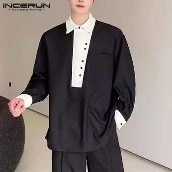 INCERUN Мужские лоскутные рубашки с длинным рукавом с отложным воротником 2XL зелёный