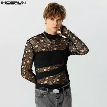 INCERUN Мужские лоскутные топы с длинными рукавами и сетчатым воротником в стиле пэчворк