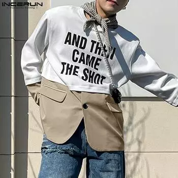 INCERUN Мужские лоскутные топы с круглым вырезом и длинными рукавами с буквенным принтом