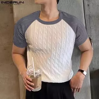 INCERUN Мужские лоскутные трикотажные футболки с круглым вырезом и короткими рукавами