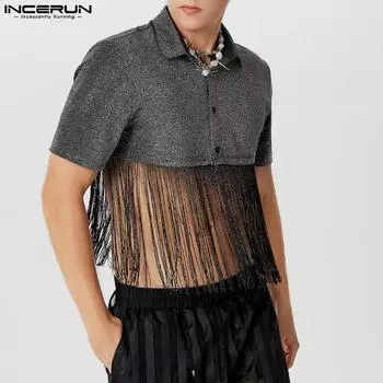INCERUN мужские лоскутные укороченные топы с воротником с лацканами и блестящими вечерними короткими рубашками с кисточками 3XL чёрный