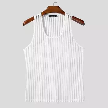 INCERUN Мужские майки без рукавов из прозрачной полосатой сетки M белый