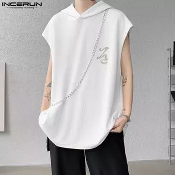 INCERUN Мужские майки без рукавов Повседневный свободный длинный спортивный жилет с капюшоном XL белый