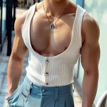 INCERUN Мужские майки без рукавов с глубоким U-образным вырезом Повседневный жилет для мышц S чёрный