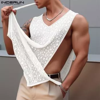 INCERUN Мужские майки без рукавов с кружевом, прозрачные, с разрезами по бокам, на шнуровке, клубная одежда S