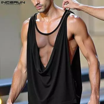 INCERUN Мужские майки без рукавов с низким вырезом, отложным воротником, сетчатой вставкой пэчворк, длинные, пижамы S