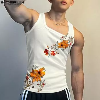 INCERUN Мужские майки без рукавов с U-образным вырезом в тонкую полоску, повседневный жилет со спиной-борцовкой с цветочным принтом 2XL белый