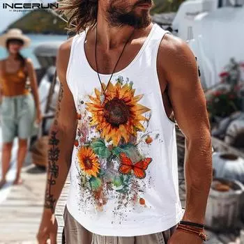 INCERUN Мужские майки без рукавов с U-образным вырезом и цветочным принтом для пляжного отдыха L чёрный