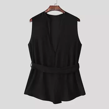 INCERUN Мужские майки без рукавов с V-образным вырезом, полупрозрачные, на шнуровке на талии, свободные, с разрезами XL