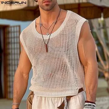 INCERUN Мужские майки без рукавов с вырезами, повседневный прозрачный жилет 3XL бежевый