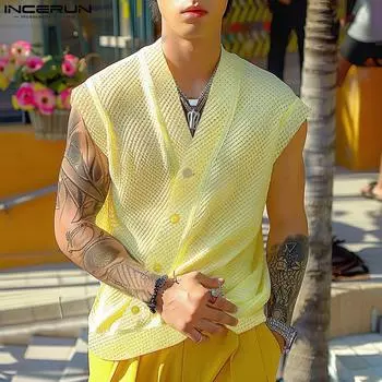 INCERUN Мужские майки с V-образным вырезом и косой пряжкой, повседневный жилет без рукавов M чёрный