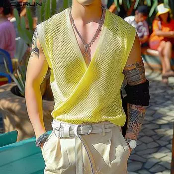 INCERUN Мужские майки-топы с глубоким V-образным вырезом без рукавов, сетчатые майки, летние, спереди, прозрачные, с перекрестными вставками S чёрный