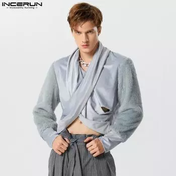 INCERUN Мужские меховые топы с длинными рукавами и перекрестным укороченным воротником