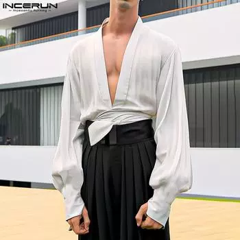 INCERUN Мужские многослойные рубашки с длинными рукавами-фонариками и глубоким V-образным вырезом