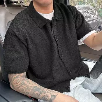 INCERUN Мужские модные меховые рубашки на пуговицах, однотонные флисовые топы с короткими рукавами