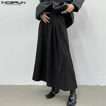 INCERUN Мужские модные однотонные широкие брюки с высокой талией, свободные укороченные брюки