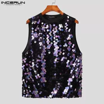 INCERUN Мужские модные повседневные топы без рукавов с блестками на бретелях