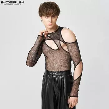 INCERUN Мужские модные прозрачные клубные топы с вырезами