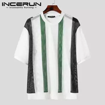 INCERUN Мужские модные прозрачные топы в полоску с короткими рукавами