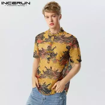 INCERUN Мужские модные рубашки с короткими рукавами с принтом и открытыми топами для отдыха в китайском стиле