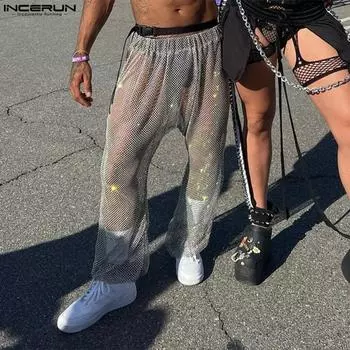 INCERUN мужские модные сетчатые длинные брюки прозрачные свободные вечерние вечерние летние дизайнерские брюки макси размера плюс