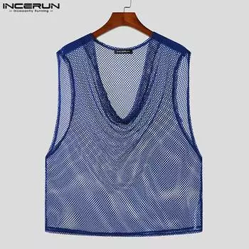 INCERUN Мужские модные сетчатые прозрачные топы без рукавов с огромным воротником