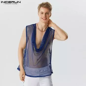 INCERUN Мужские модные сетчатые прозрачные топы без рукавов с огромным воротником
