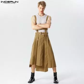 INCERUN Мужские модные свободные повседневные макси-юбки с нерегулярным подолом и ремешком M чёрный