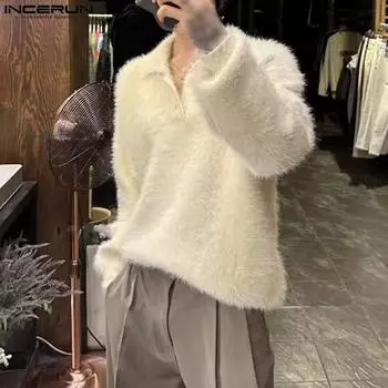 INCERUN Мужские мягкие теплые флисовые пуловеры с длинными рукавами 4XL чёрный