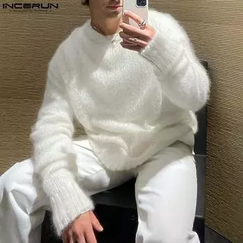 INCERUN Мужские мягкие трикотажные топы с круглым вырезом и длинными рукавами, майки