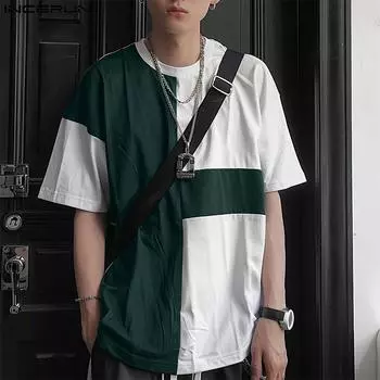 INCERUN Мужские негабаритные цветные топы с короткими рукавами, повседневные лоскутные футболки M