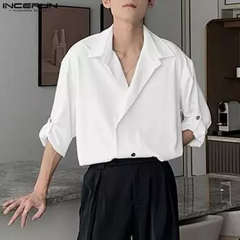 INCERUN Мужские негабаритные однотонные рубашки с длинными рукавами и пуговицами