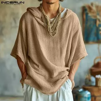 INCERUN Мужские негабаритные топы с капюшоном и половиной рукавов, повседневные свободные однотонные толстовки S чёрный